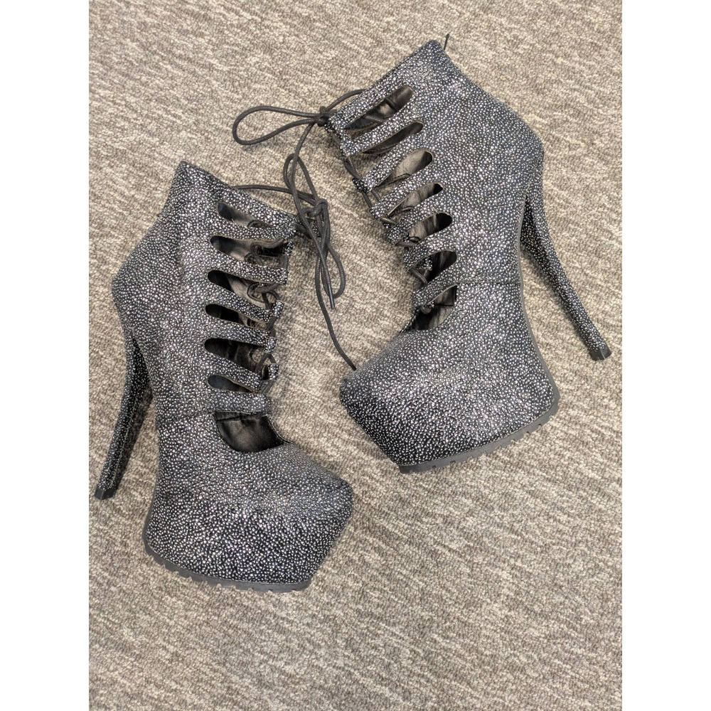 Qupid Womens Black Silver Glitter Lace Up Platform Stiletto Ankle Booties Size 7